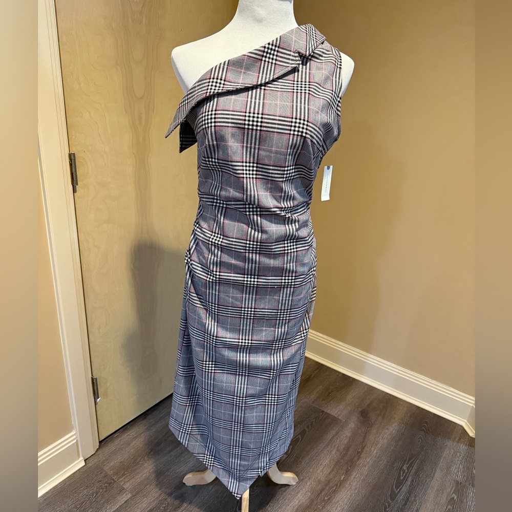 Anthropologie (Maeve) One-Shoulder Plaid Asymmetric Dress in Black and Gray